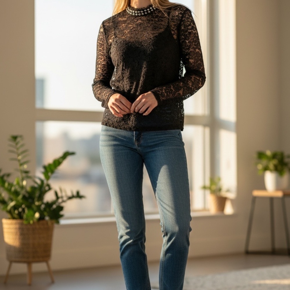 Rebecca Taylor Black Lace Long-Sleeve Blouse - Picture 2 of 6